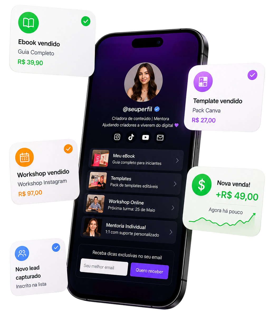 Mockup da Displaaay — phone com storefront e chips de vendas flutuantes